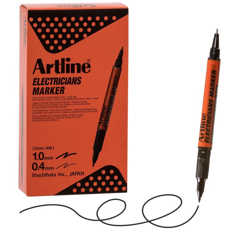 Artline Electricians Markers | Twin-Nib | Professional Series | Non-Conductive Ink & Barrel | EKPR-ELFT | 0.4mm Fine/1.0 Bullet Tips | Pack of 12 | Black - Image 1